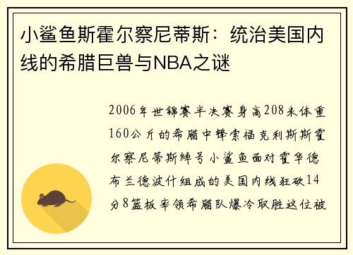 小鲨鱼斯霍尔察尼蒂斯：统治美国内线的希腊巨兽与NBA之谜